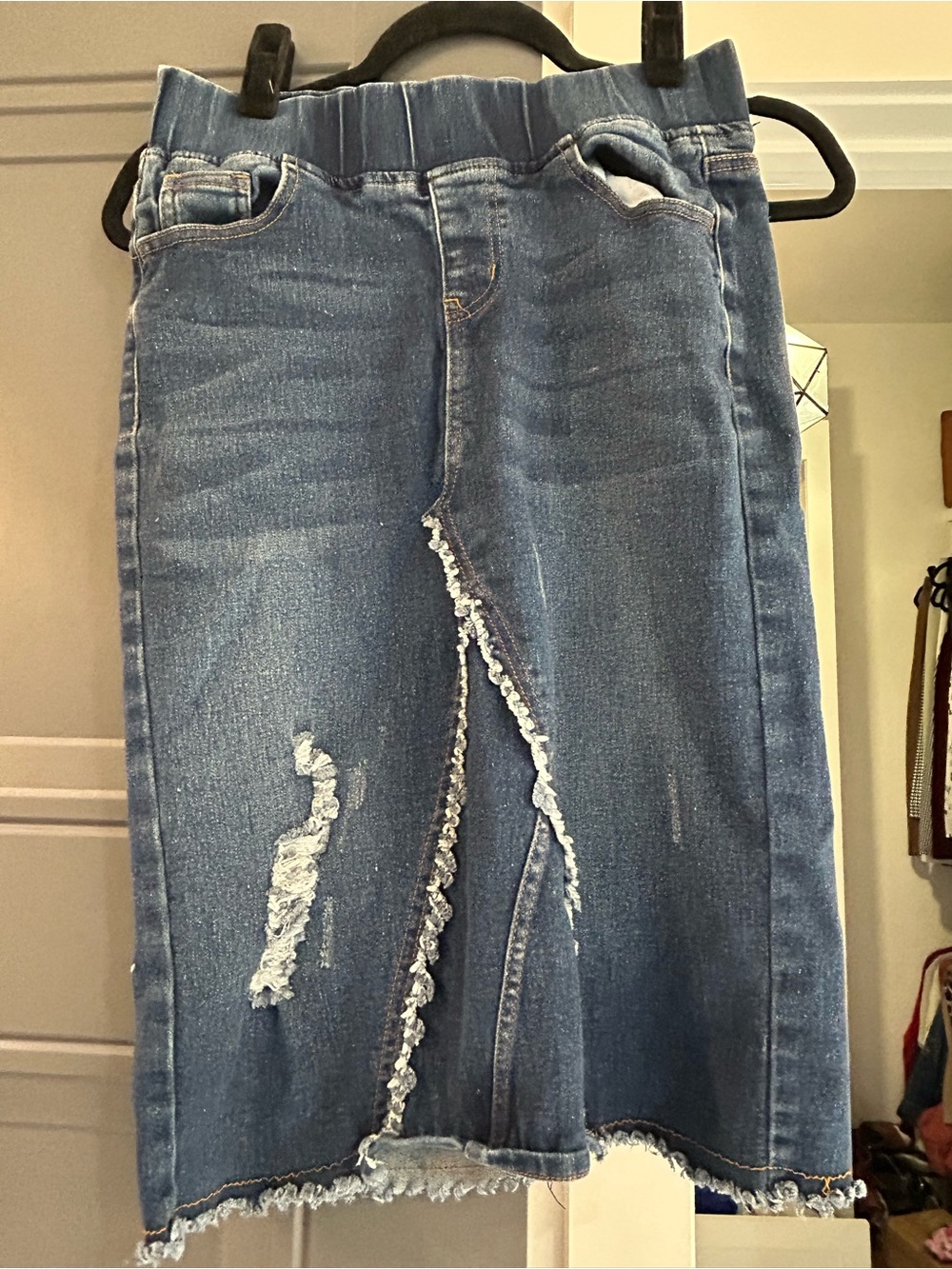 Denim Midi Skirt with Front Slit and Distressed Detail - Blue